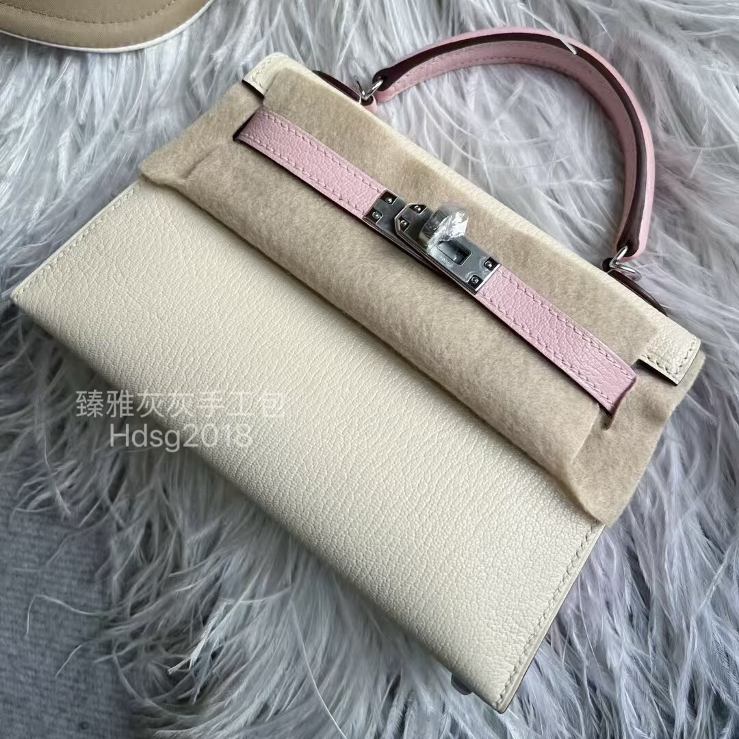 二代Mini凯莉包19 奶油白拼樱花粉Mysore山羊皮 手工手提斜挎包