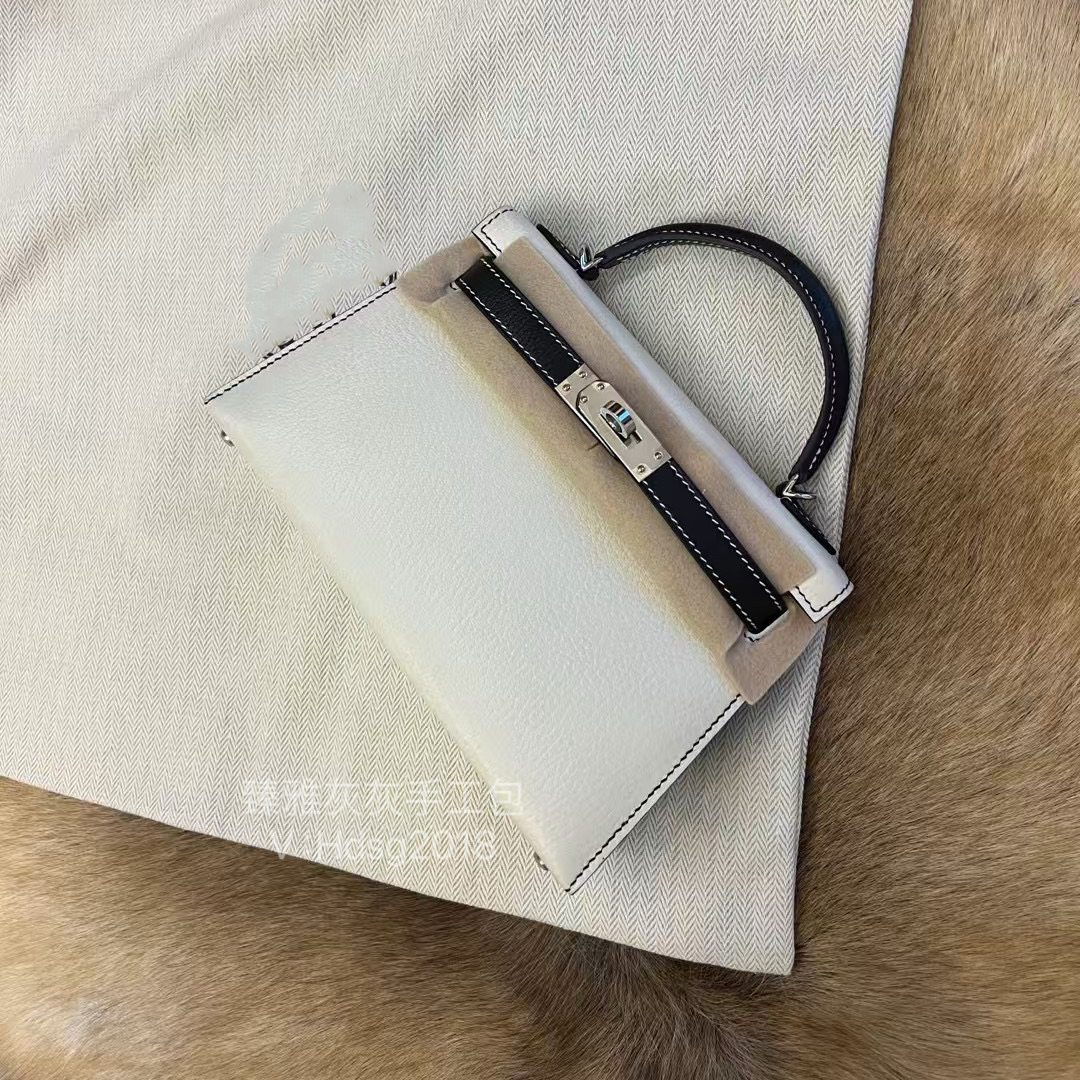 二代Mini凯莉包19 黑白熊猫拼色山羊皮Mysore 手工制作手提斜挎包