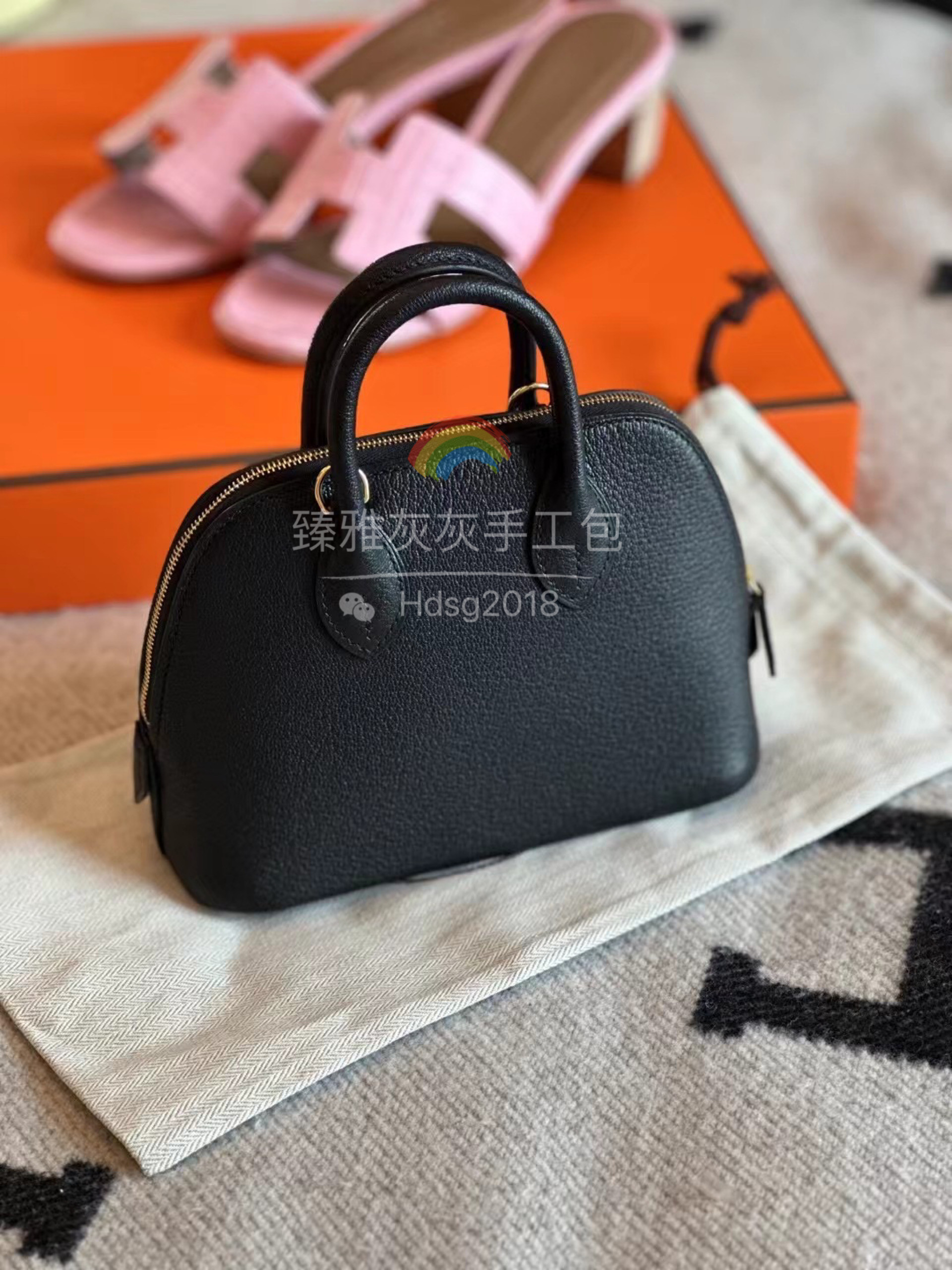 Mini保龄球包 黑色金扣原厂山羊皮 全手工制作手提贝壳包Bolide