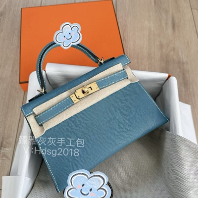 二代Mini凯莉包 新牛仔蓝D2金扣Epsom皮 全手工制作手提斜挎包
