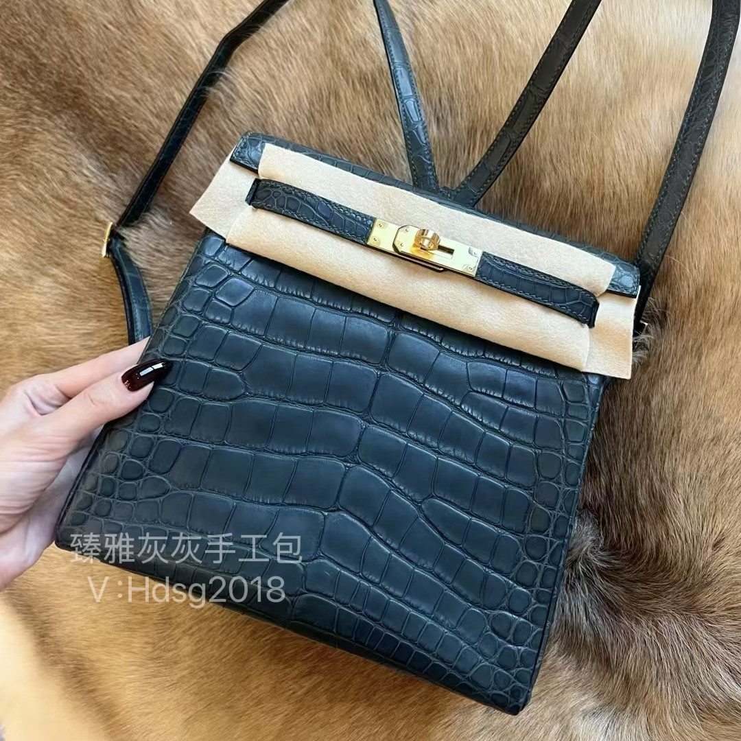 凯莉双肩包ado 松柏绿雾面美洲鳄鱼皮 全手工制作双肩包