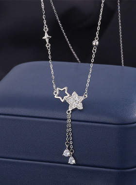 足银999璀璨星辰项链女小众精致双子星颈链感星芒流苏锁骨链