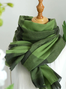 春山可望 日系文艺仿羊绒围巾女 秋冬季显白墨绿格子保暖围脖披肩