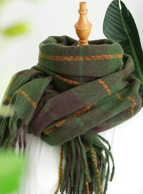 我要去见见山川 显白墨绿格纹仿羊绒围巾女 文艺百搭秋冬保暖披肩