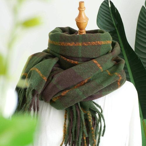 山川绿，显白格纹，秋冬保暖围巾