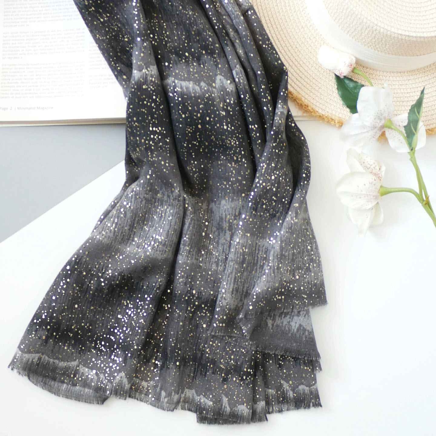 夜的繁星 小众文艺棉麻围巾女 素色黑灰知性春秋保暖丝巾旅游披肩