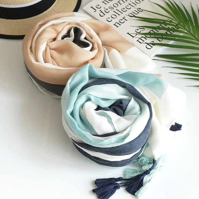 气质新款 韩版文艺棉麻围巾女 渐变拼色春秋长丝巾 夏季遮阳披肩