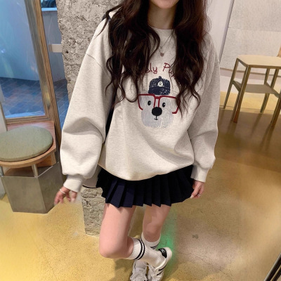 美式潮牌小众卡通印花减龄百搭休闲宽松加绒加厚无帽圆领卫衣女款