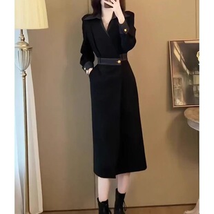 法式赫本风气质黑色长袖衬衫连衣裙女秋季大码胖mm收腰显瘦长裙子