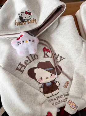 2025新款花灰色可爱卡通Kitty连帽卫衣女春秋宽松设计感百搭外套