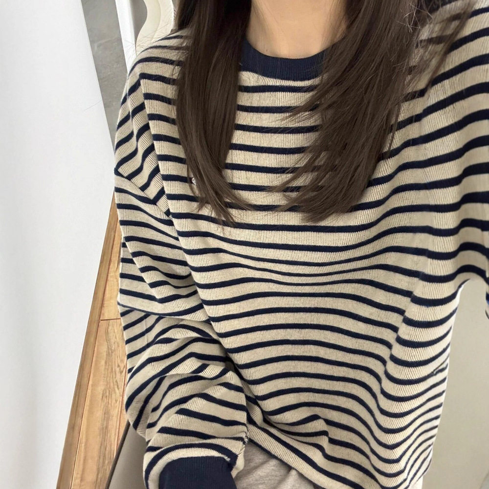 外贸专供复古撞色条纹圆领卫衣女秋冬新款小众设计感宽松百搭外套