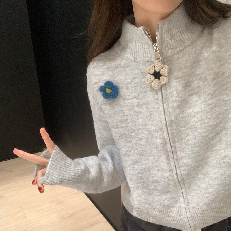 韩系拉链高领毛衣外套女秋冬新款慵懒风别致宽松短款针织开衫上衣