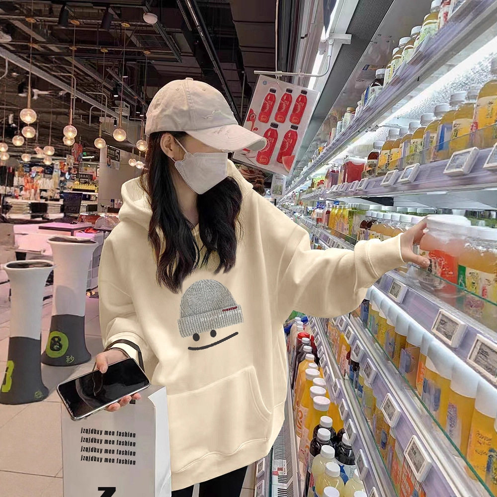 杏色连帽卫衣女2025新款秋季宽松大码上衣韩系胖mm加绒外套潮