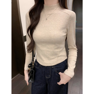 加绒半高领磨毛加厚长袖T恤女2025冬鱼骨设计感内搭保暖短款上衣