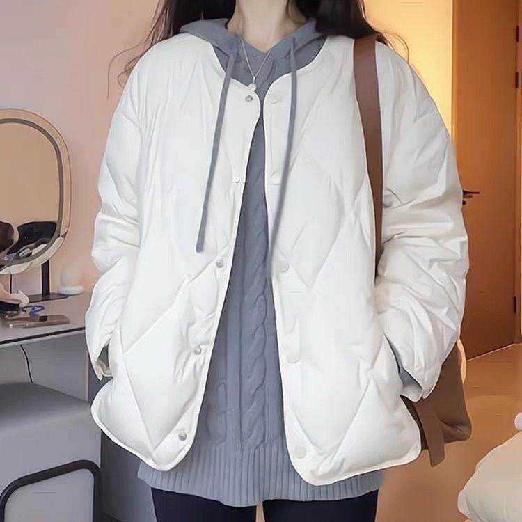 菱格羽绒棉衣女短款2025秋装新款小个子无领宽松韩版轻薄棉袄外套