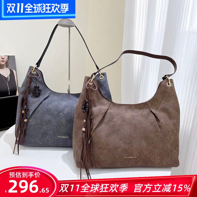 红蜻蜓新款女包包休闲时尚腋下包大容量单肩流苏棕色洋气手提单肩