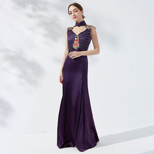 品尚华服宴会走秀高端真丝三醋酸女式水钻刺绣中式改良超长款礼服