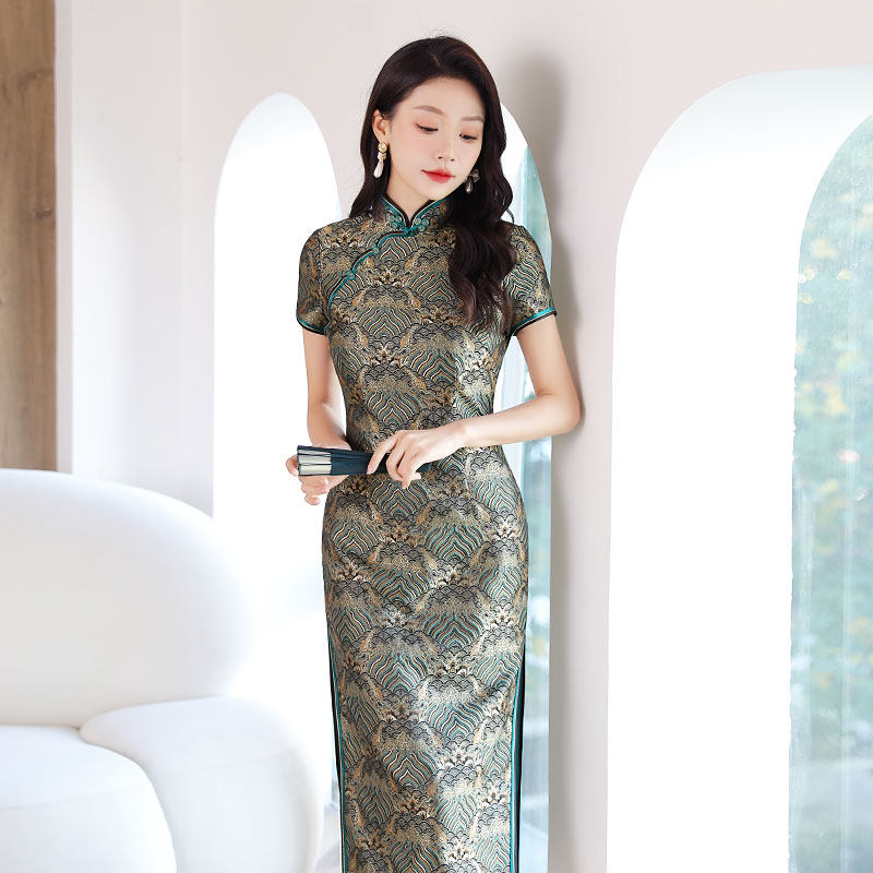 高考妈妈海浪龙纹宫廷交织提花手工制作长旗袍