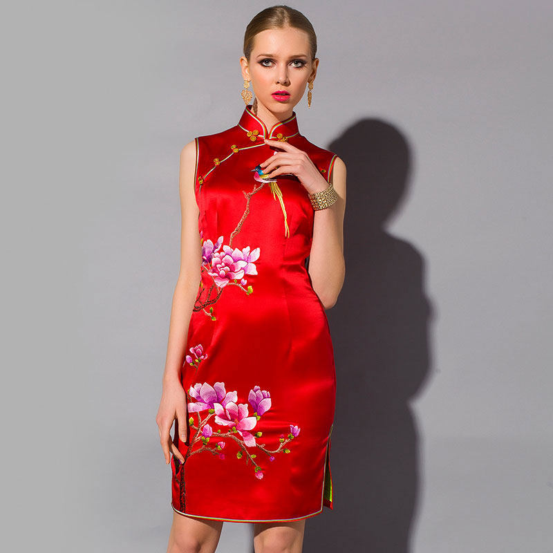 品尚华服重磅桑蚕丝量身定制绣花中长款结婚红色旗袍短款敬酒服夏