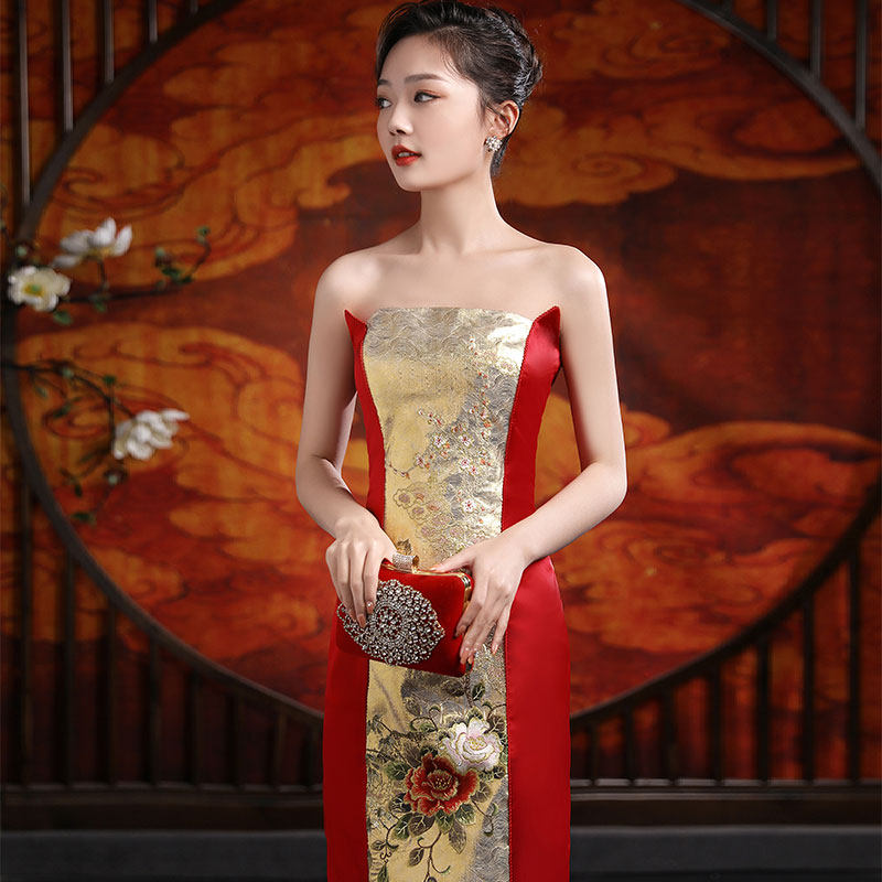 品尚华服高贵宫廷牡丹时尚小个子敬酒抹胸刺绣宴会主持人中式礼服