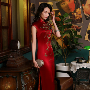 品尚华服古典中年妈妈喜婆婆婚宴装刺绣真丝长款旗袍女中国风礼服