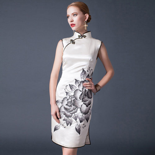 品尚华服真丝名媛白优雅绣花修身女短款礼服旗袍裙刺绣旗袍连衣裙 - 封面