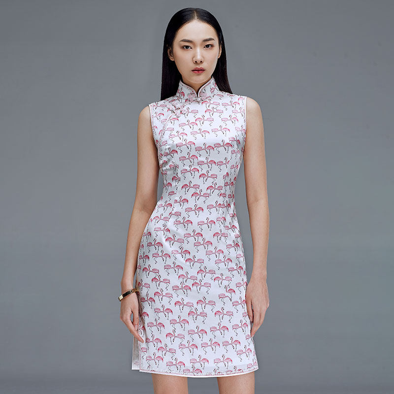 真丝日常可穿小个子清新文艺法式修身少女年轻款短款夏旗袍女粉色