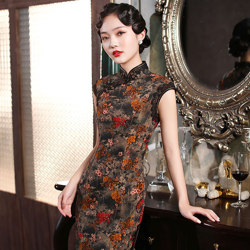 复古风重绉香云纱中长款年会旗袍