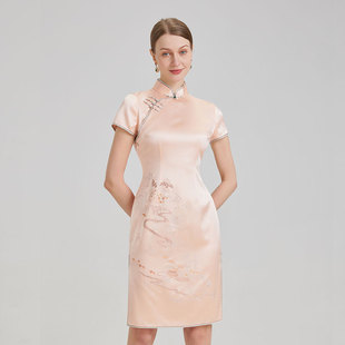 量身定做优雅华服唯美粉色真丝奢华重工手推绣晚宴老上海复古旗袍