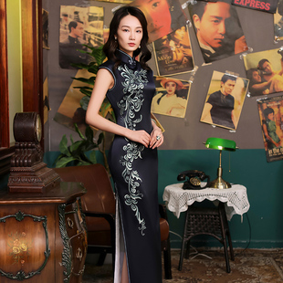 品尚华服高端真丝大气中年黑色显瘦刺绣长旗袍复古女礼服中国风