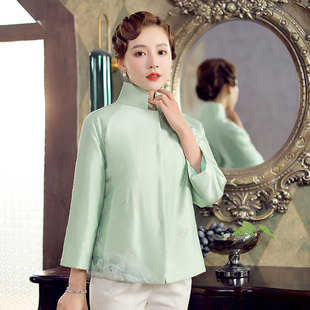 品尚华服显年轻薄荷绿清新真丝中式刺绣夹袄古典复古短款棉袄外套