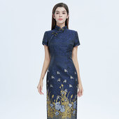 品尚华服高端手工藏青短袖 连衣裙复古滚边 定位花优雅淑女长旗袍式