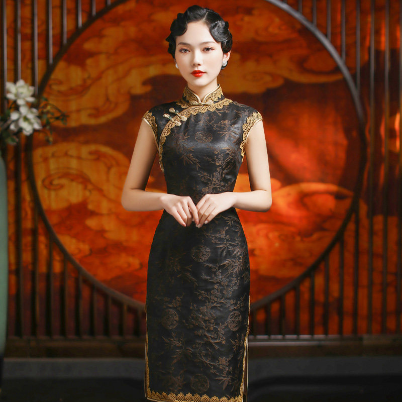 真丝优雅深色高端蕾丝中国风平时穿宴会复古香云纱短款女旗袍礼服
