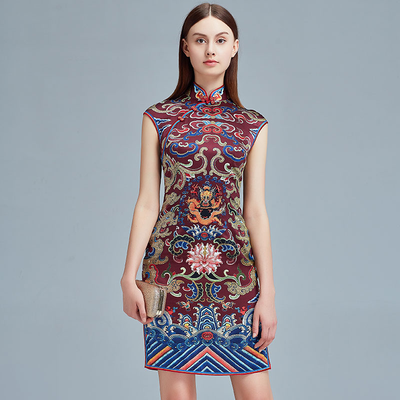 旗开得胜吉祥龙纹真丝时尚手工高端名媛女短宴会礼服夏旗袍连衣裙