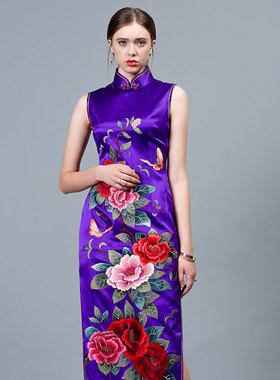 品尚华服量身定制显白紫色刺绣牡丹重磅真丝修身长旗袍礼服裙宴会