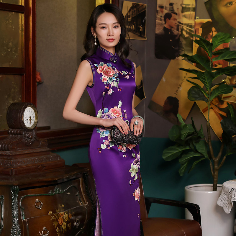 品尚华服桑蚕丝复古中年长款气质婚庆妈妈婆婆礼服中国风旗袍优雅