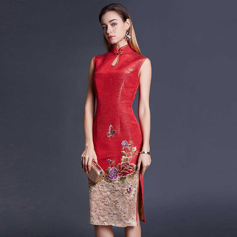 品尚华服海派结婚高贵金色蕾丝刺绣手工中长款女旗袍敬酒婚礼礼服