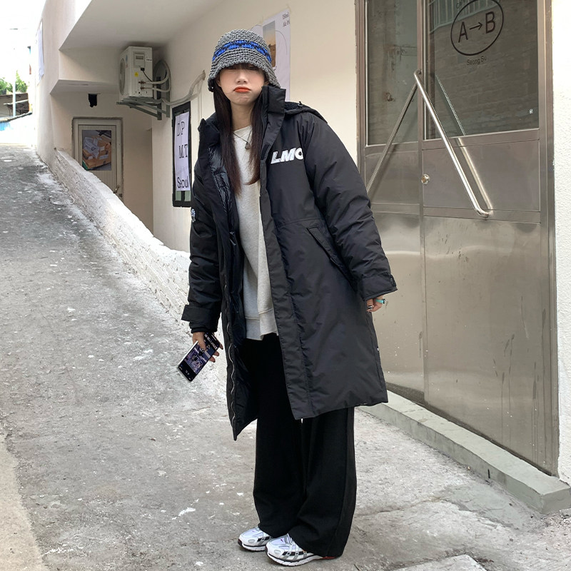 总裁家【韩剧女主角】冬季黑色情侣中长款羽绒服女韩系小众设计感