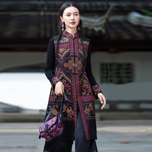 实拍民族风秋装新款刺绣复古中长款马夹无袖坎肩大码女装立领外套