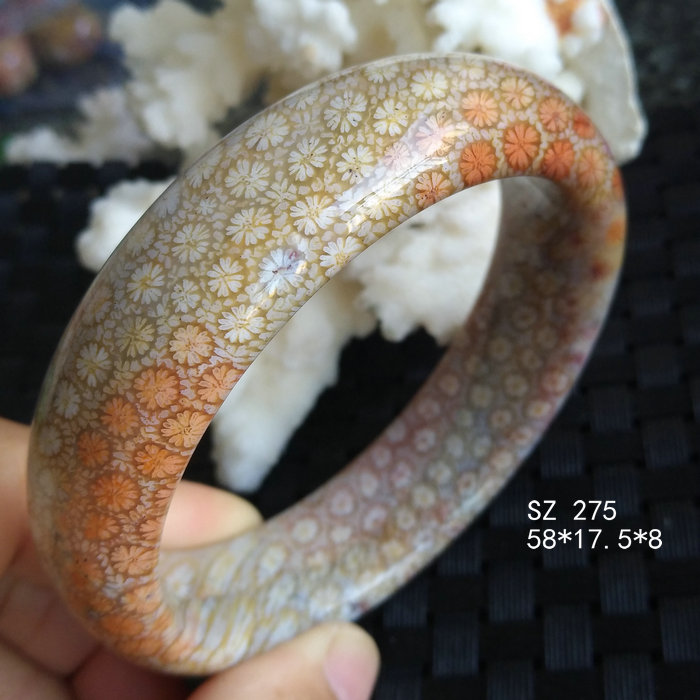 已结缘  天然印尼珊瑚玉手镯58圈口满花小彩花紫红色精品菊花石