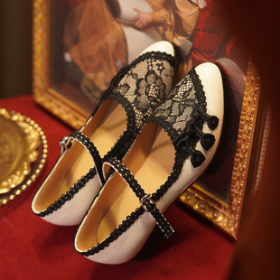 蕾丝蝴蝶结一字带低跟玛丽珍旗袍单鞋 奈里法式 复古温柔优雅仙女鞋