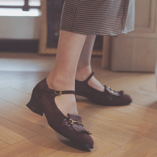 民国旗袍40小皮鞋 一字带单鞋 复古磨砂羊皮棕拼色粗跟单鞋 奈里法式