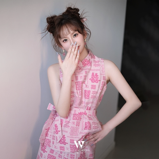 ChuXinBridal新中式 圆领高腰伴娘晨袍礼服旗袍囍 新娘长裙婚礼无袖