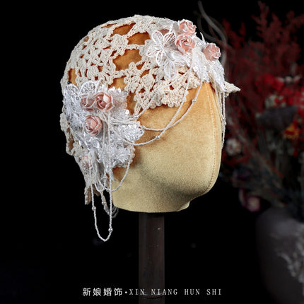 新娘头饰法式风复古网纱蕾丝包头帽子结婚纱高级唯美外景写真配饰