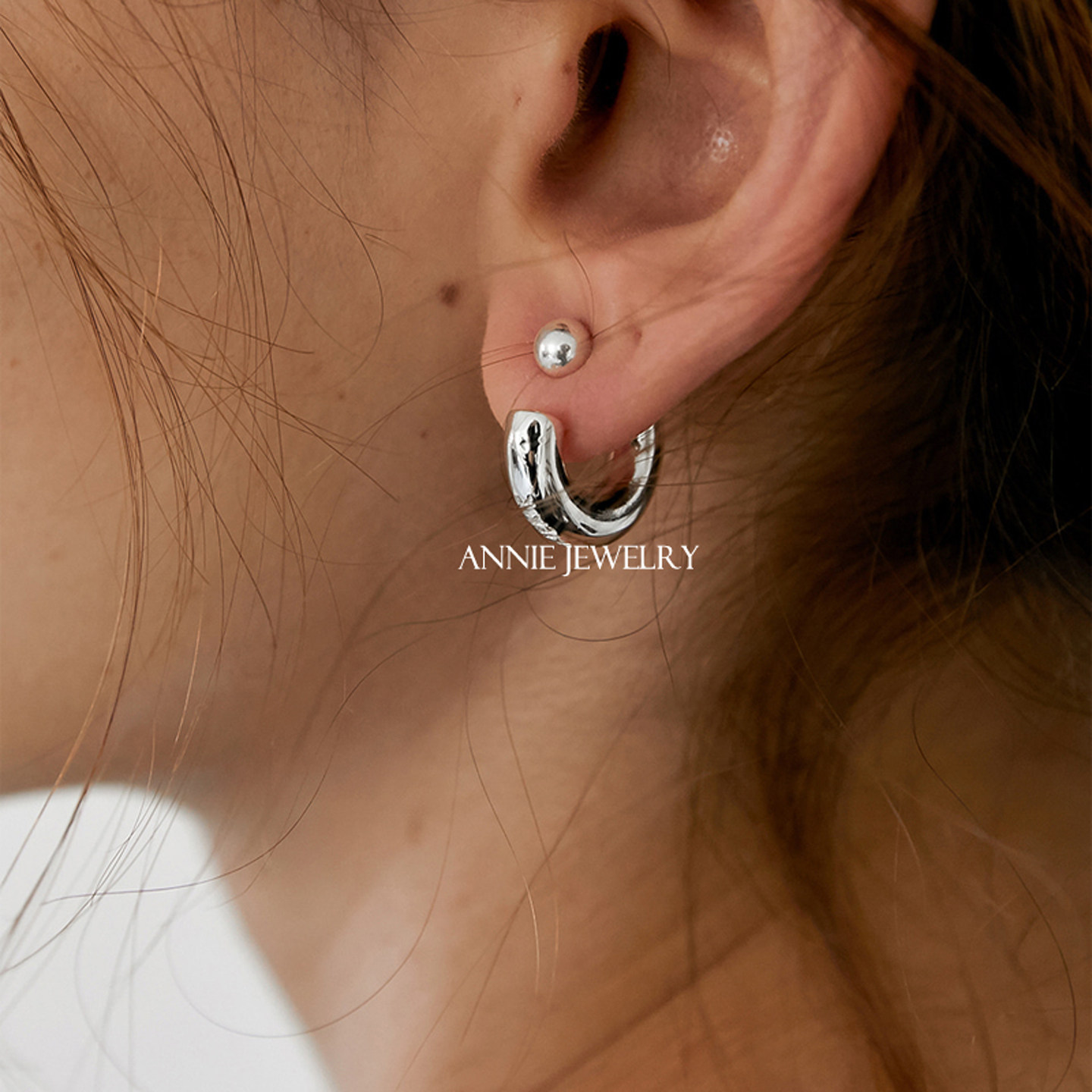 Annie Jewelry 质感重工 小众设计感前后式半圆环豆珠圈圈C形耳环