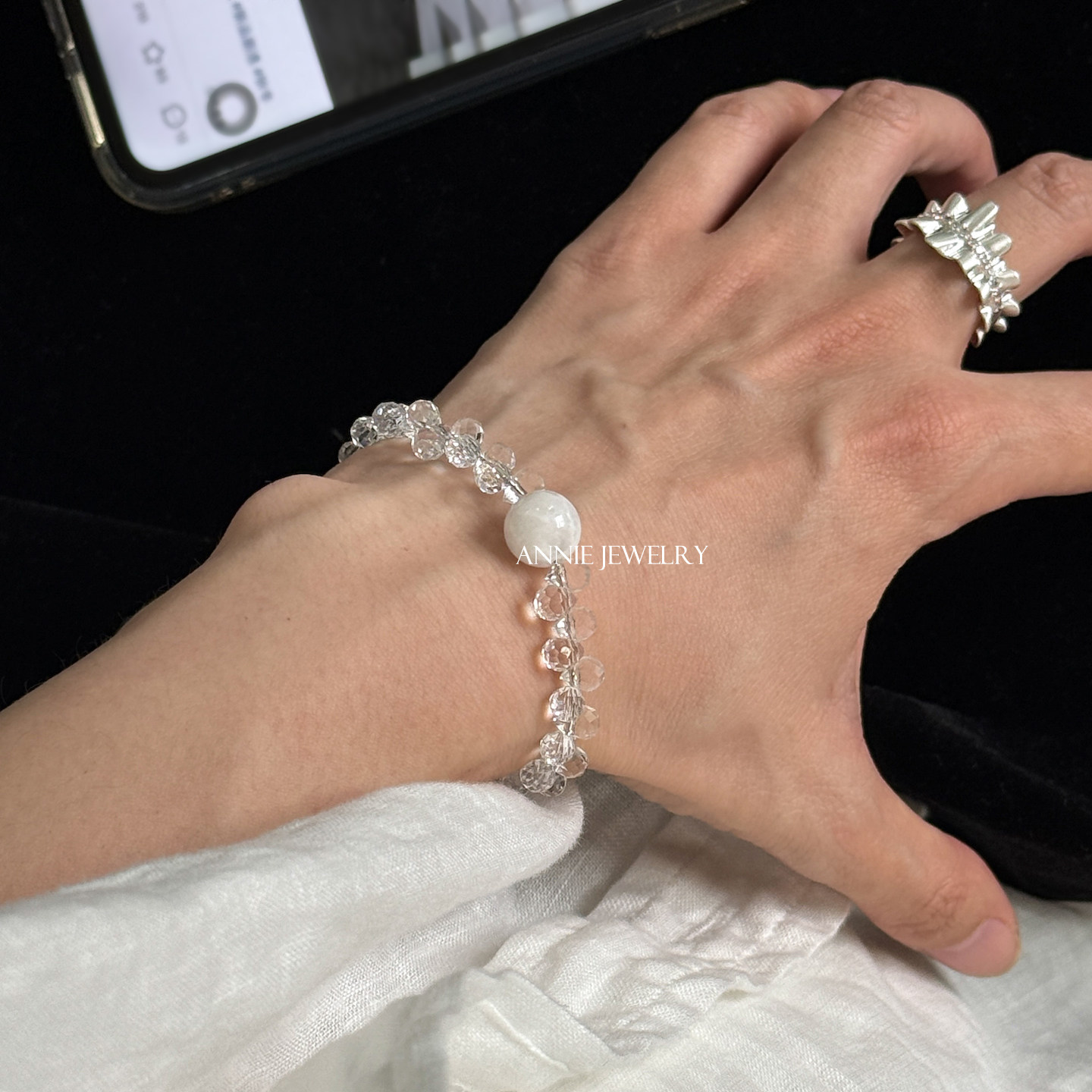 Annie Jewelry波光粼粼清冷闪耀 水滴形白水晶雪花幽灵抽拉式手链