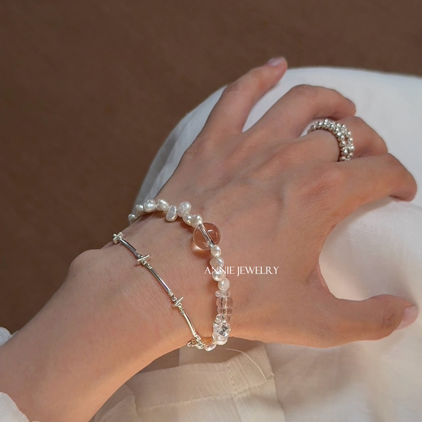 Annie Jewelry 淡水珍珠白水晶拼接手串 泰银十字碎银子手链 三款