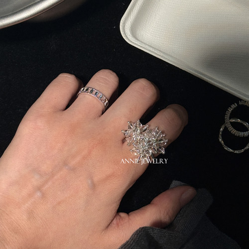 Annie Jewelry花团锦簇 小众清冷设计烟花串珠白水晶珍珠银珠戒指
