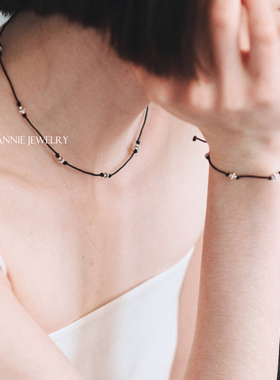 Annie Jewelry 小众INS风 925银珠珠花朵造型黑绳项链 抽拉式手绳
