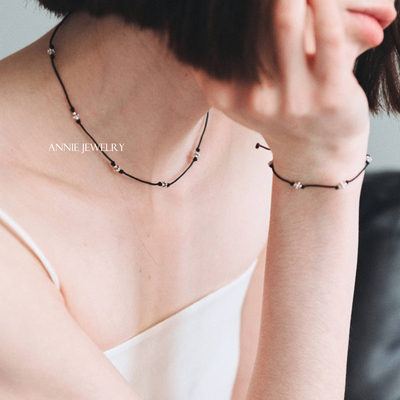 Annie Jewelry 小众INS风 925银珠珠花朵造型黑绳项链 抽拉式手绳